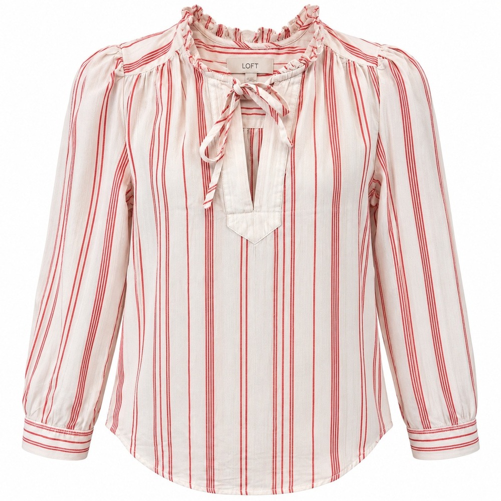 LOFT Red Ivory Striped Cotton Ruffle Tie Neck Puff Sleeve Blouse Peasant Small